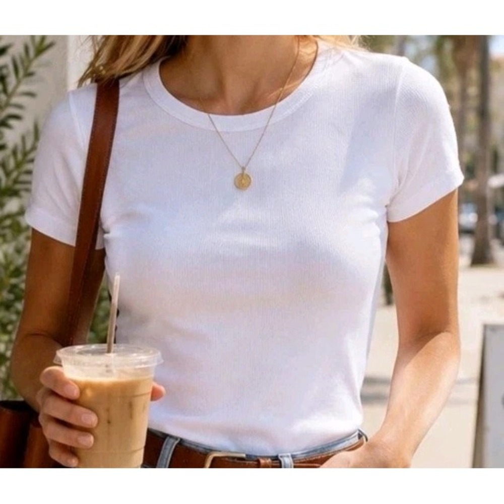WILT White Ribbed Pima Cotton Modal Stretch Fitted Tee Shirt Womens Small Peru
